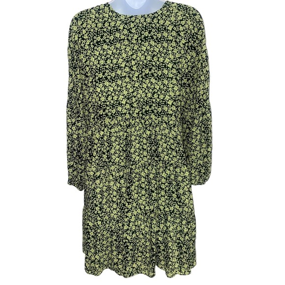 Zara Ditsy Floral Print Flowing Tiered V Neck Mini Dress Black Green Small - Picture 5 of 13